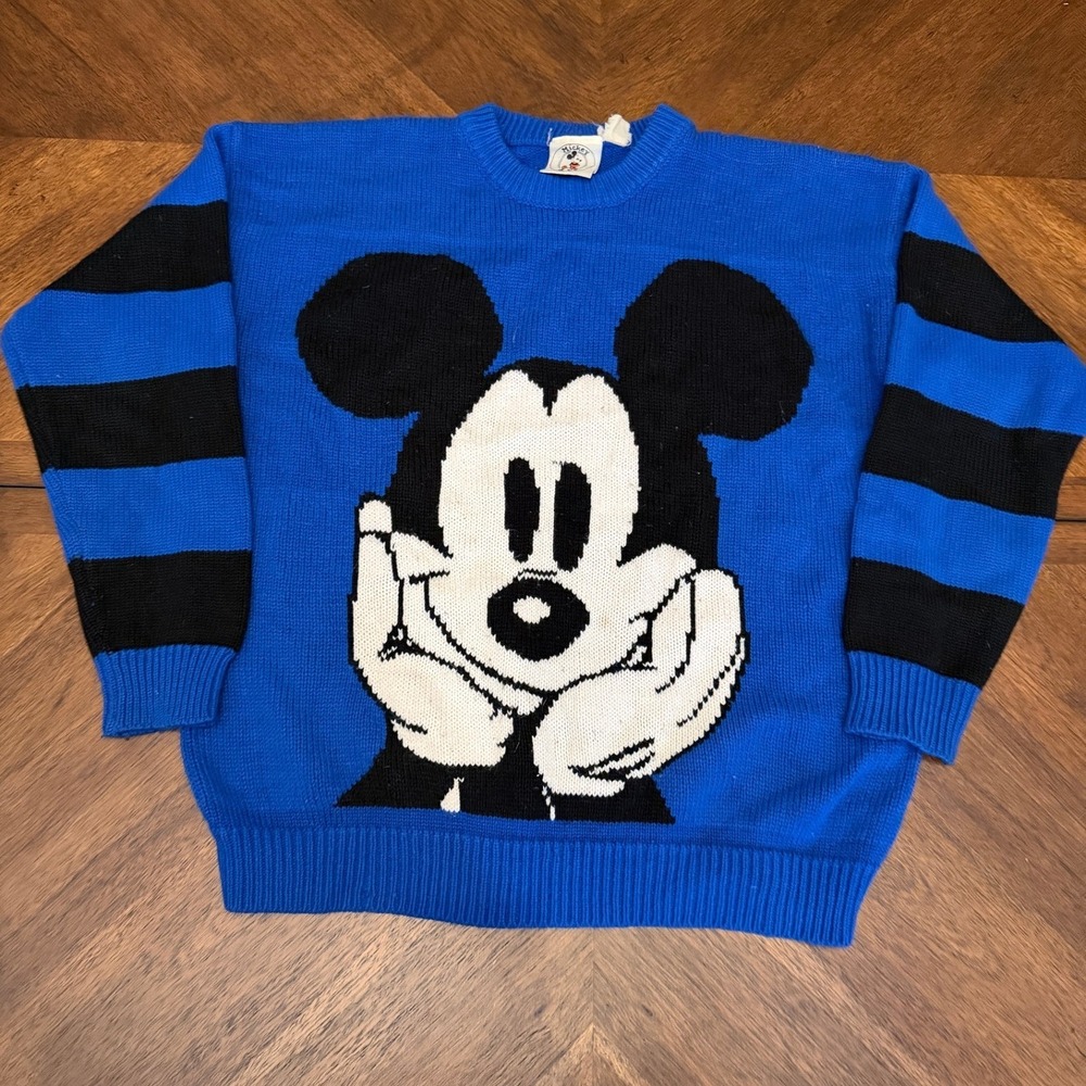 Vintage Mickey & Co Disney Mickey Mouse Knit Sweater Blue Striped Sleeve 90s